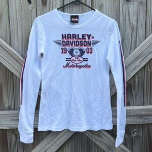Women’s Harley Davidson Long Sleeve White Waffle Knit Shirt Size Medium